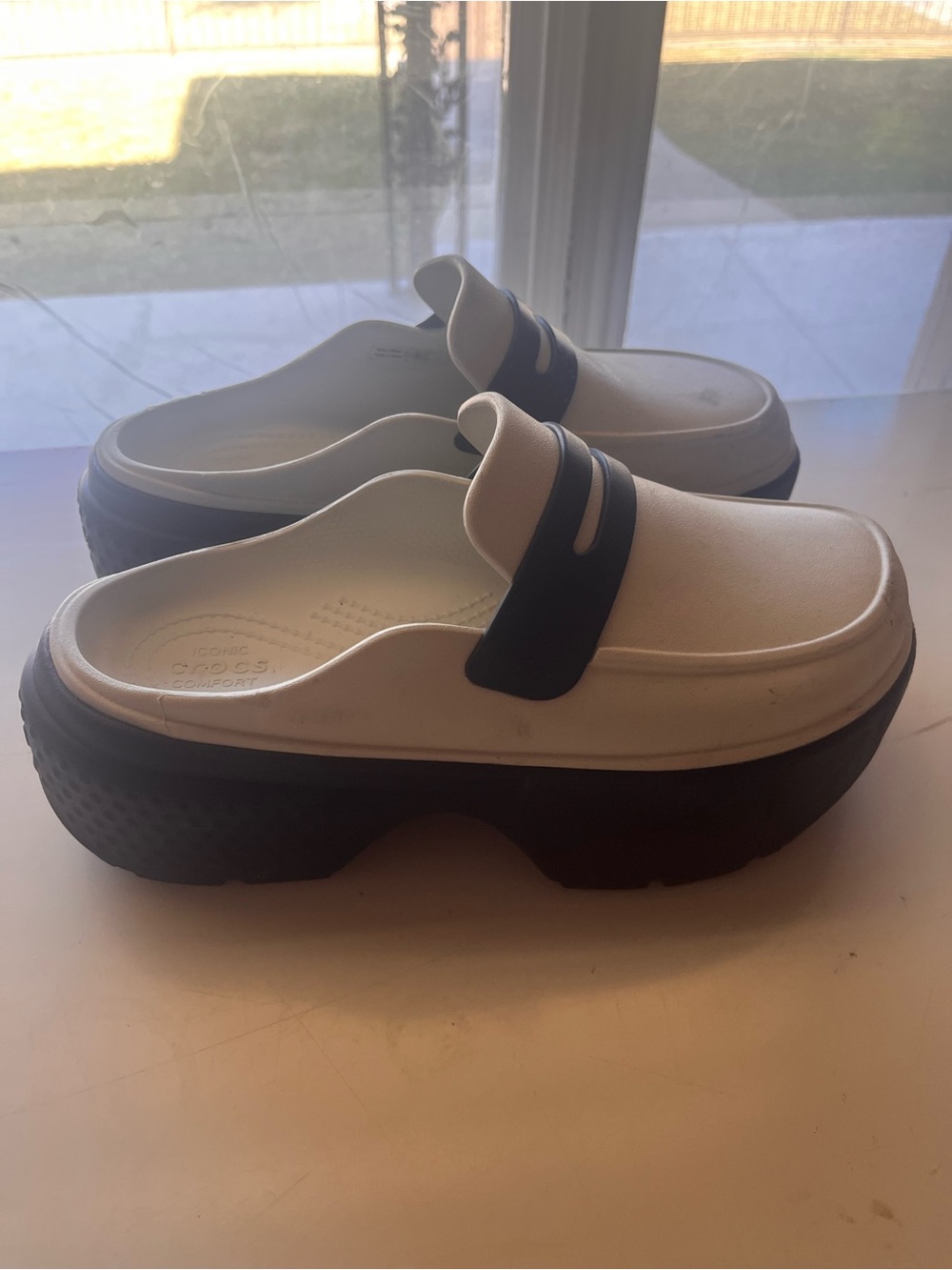 CROCS Two-Tone Platform Clog Mules in White and Black